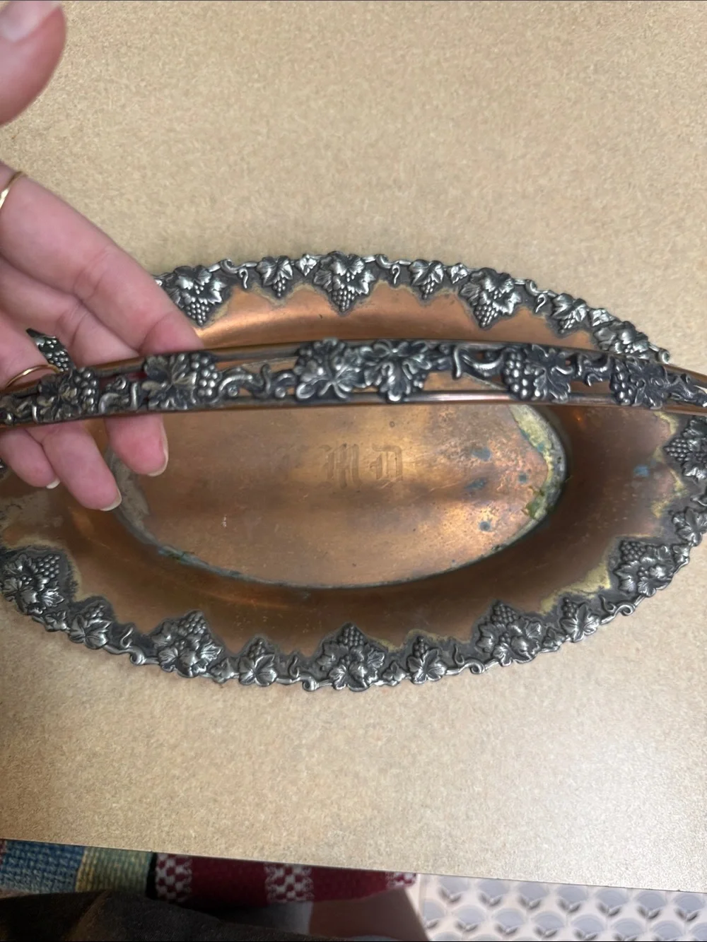 Sheffield Ornate Copper-Tone Grape Motif Handled Serving Basket